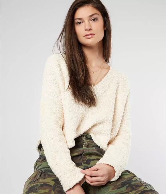 Free People Sweaters - Free People Popcorn Cropped V-Neck Sweater Cream Small
